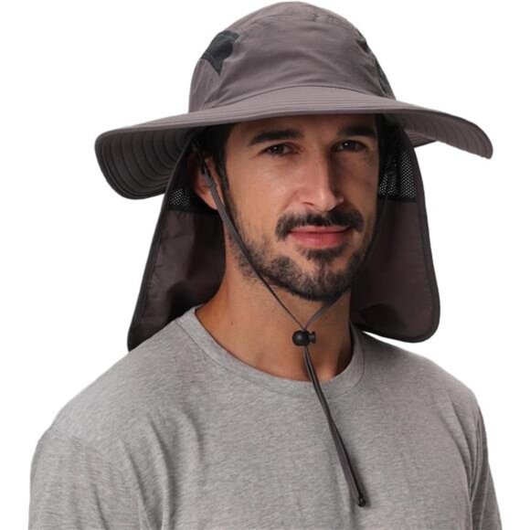 Mens UPF 50+ Sun Protection Cap Wide Brim Fishing Hat with Neck Flap Sun Hat - Picture 2 of 7
